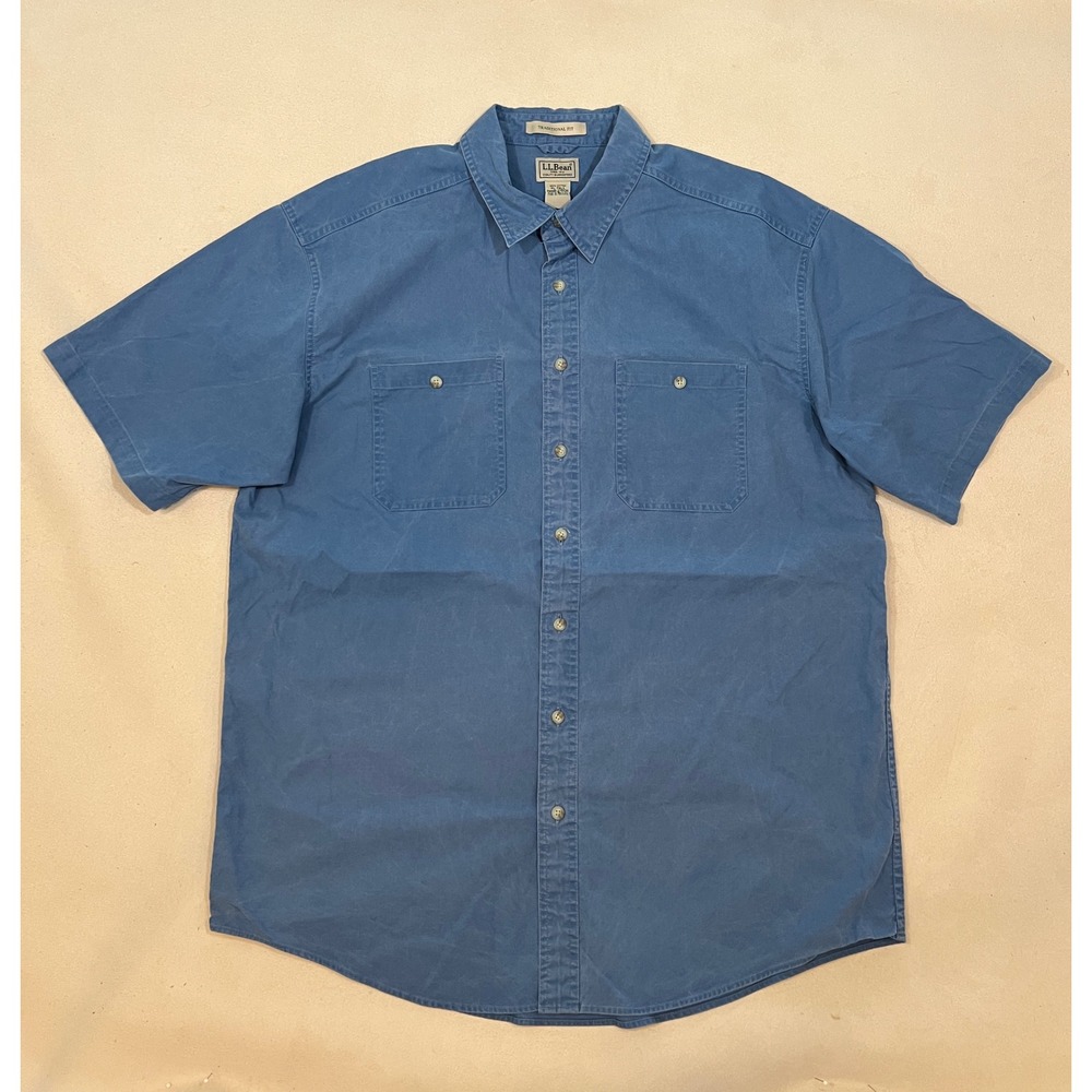 LL Bean Mens XL Tall Blue Short Sleeve Button Down Cotton Shirt Traditional Fit